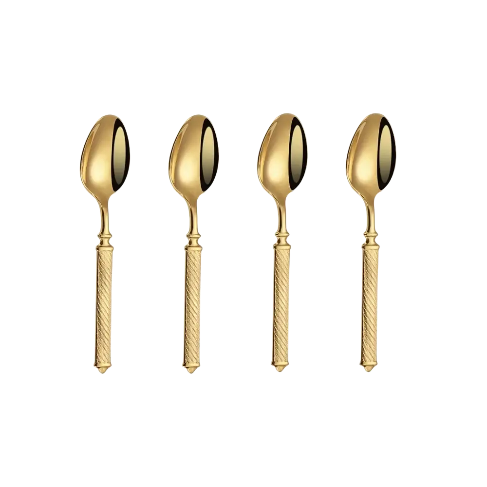 Set of four gold stainless steel tea spoons with textured diamond pattern handles and polished mirror finish bowls