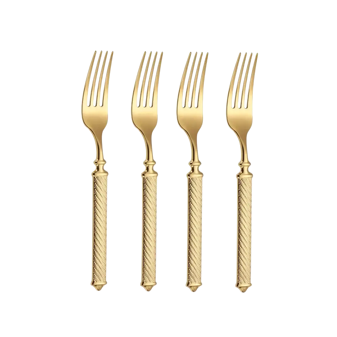 Set of four gold stainless steel dinner forks with twisted textured handles and mirror finish flatware design