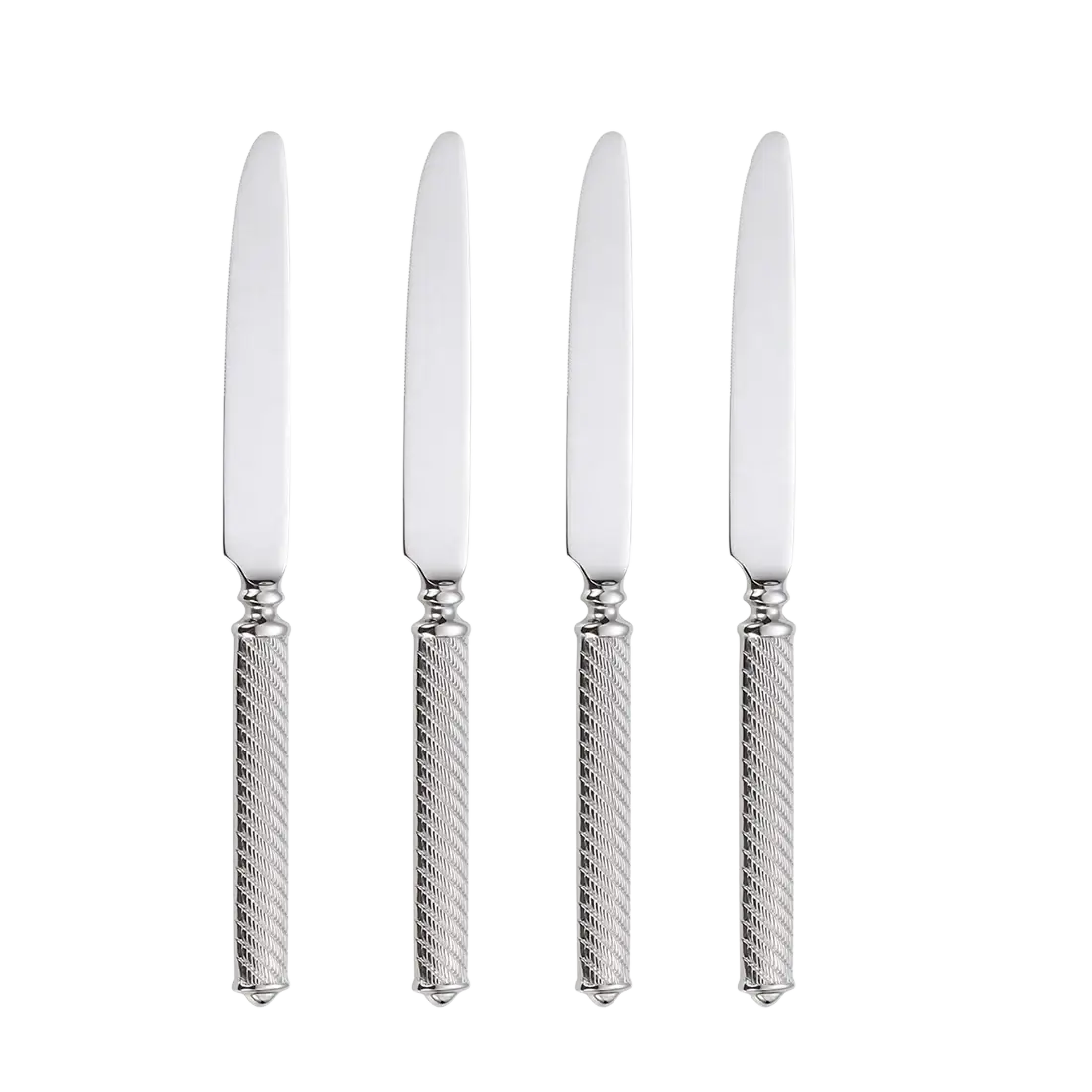 Set of four silver stainless steel dinner knives with textured diamond-patterned handles for flatware use