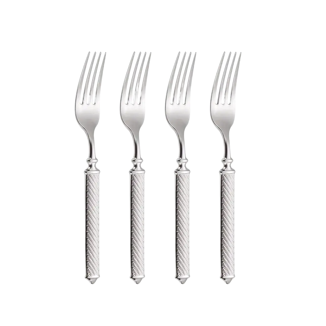 Set of four silver stainless steel dinner forks with textured diamond-patterned handles and pointed tips for dining