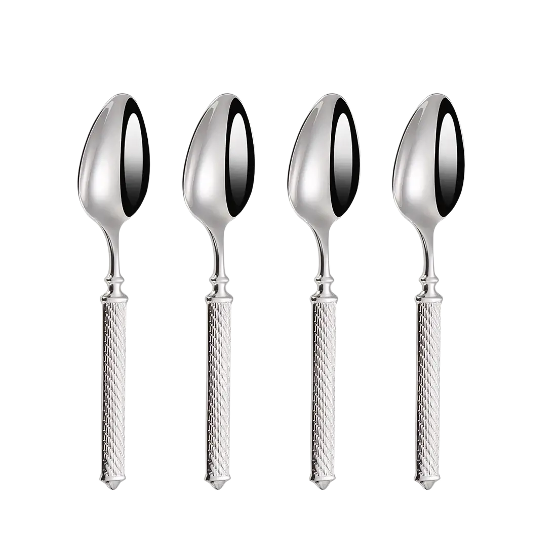 Set of four silver stainless steel dinner spoons with textured twisted handles and polished oval bowls for flatware use
