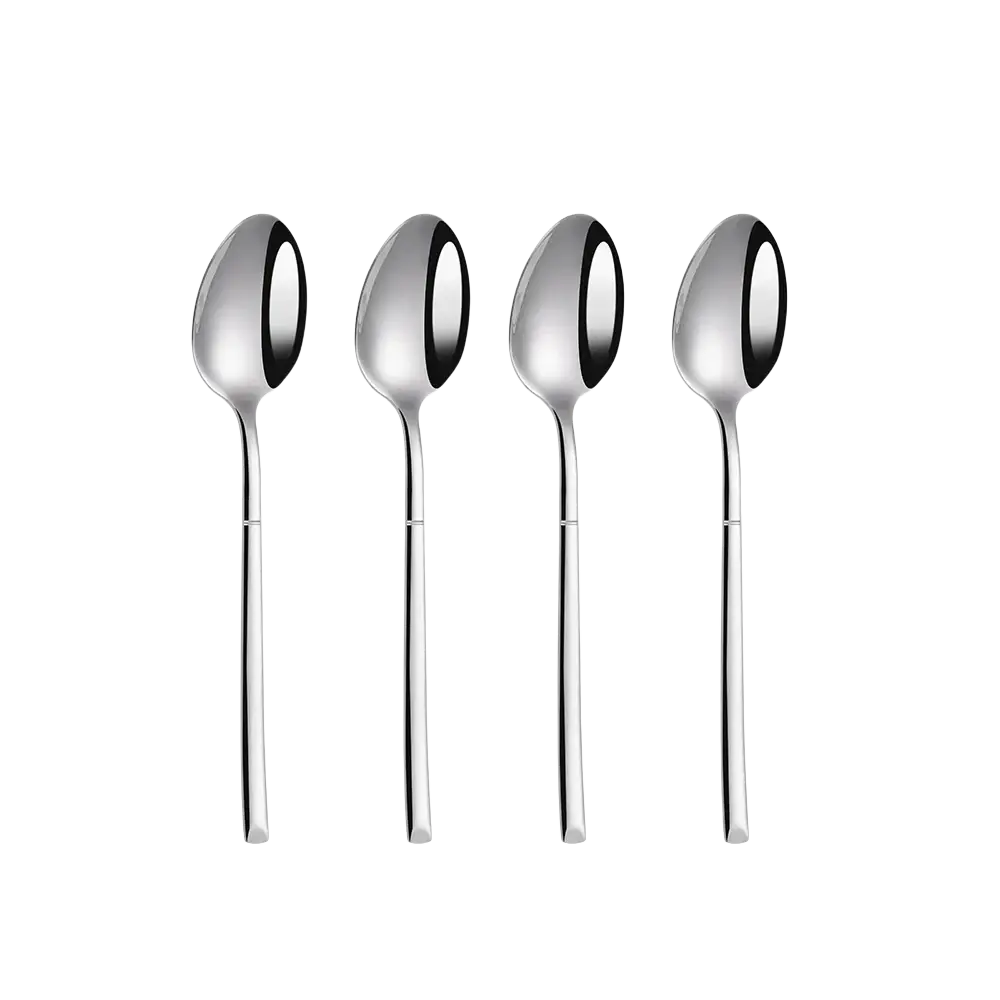 Set of four sleek stainless steel tea spoons with a modern design and polished mirror finish flatware