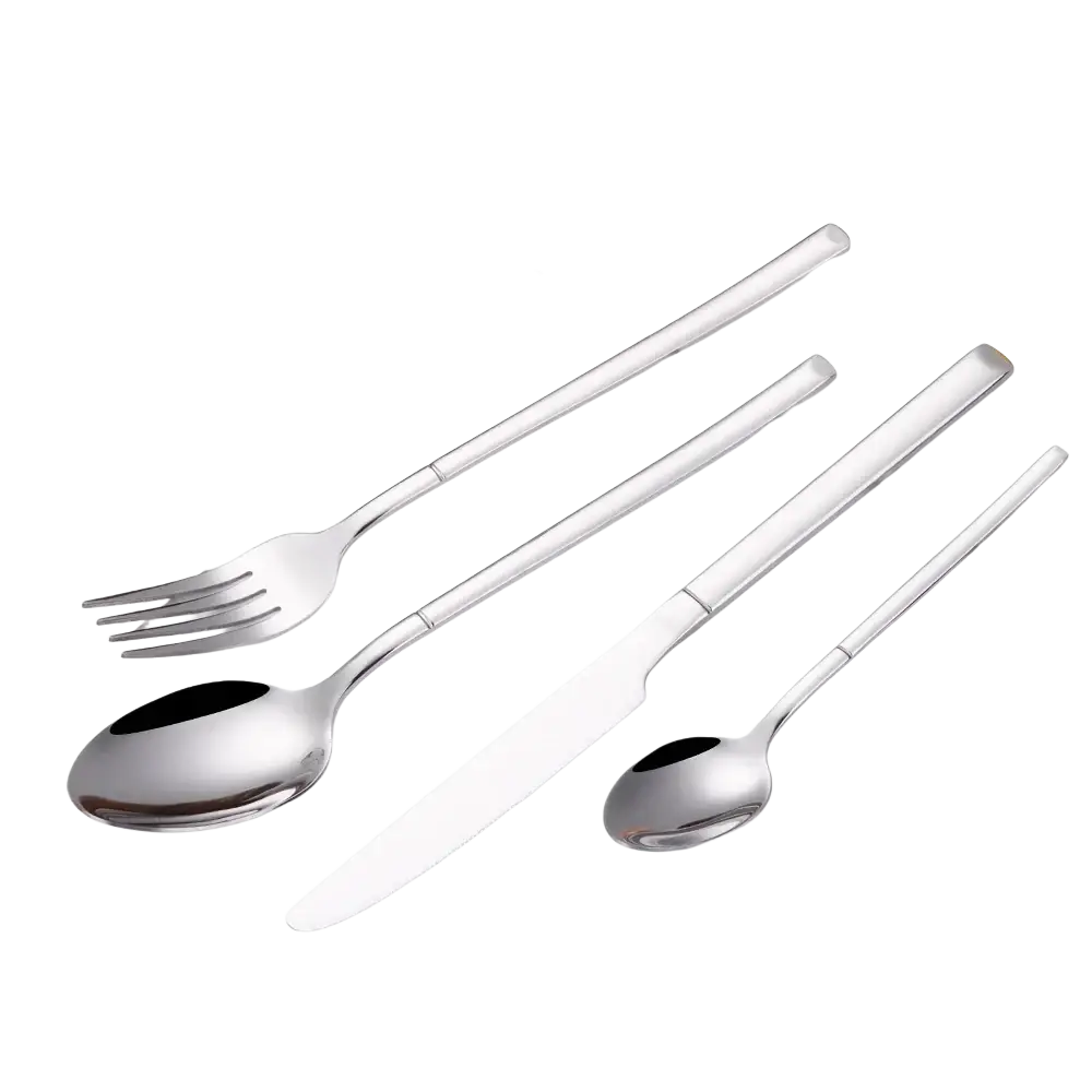 Set of four sleek stainless steel cutlery pieces with mirror finish including fork knife and two spoons