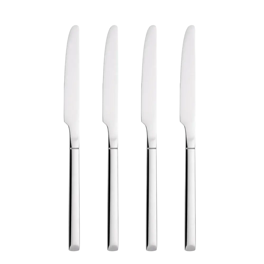 Set of four sleek stainless steel dinner knives with a mirror finish and modern minimalist design flatware