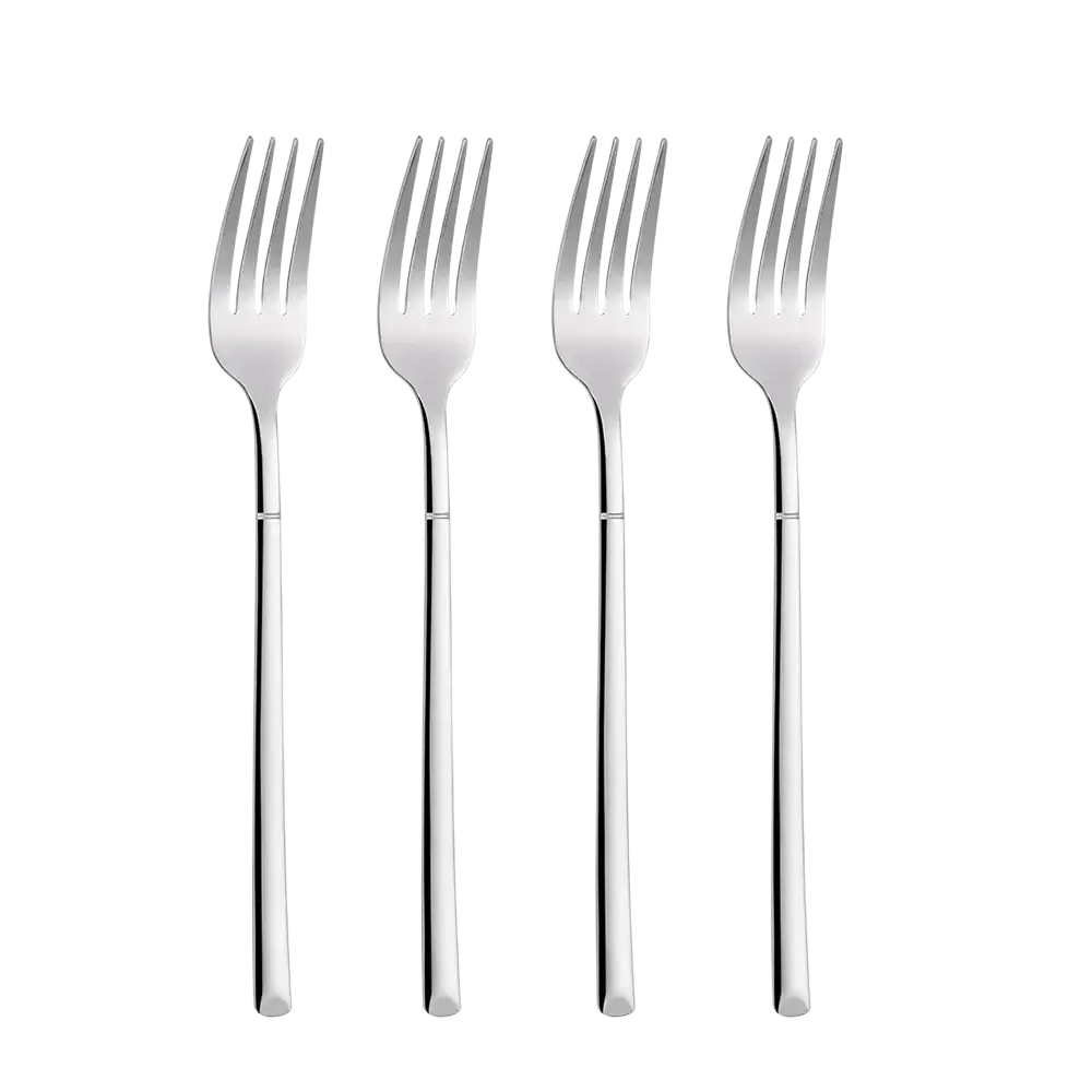 Set of four sleek stainless steel dinner forks with modern design and polished mirror finish flatware