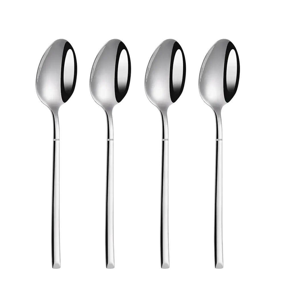 Set of four sleek stainless steel dinner spoons with modern design and mirror finish flatware in silver color