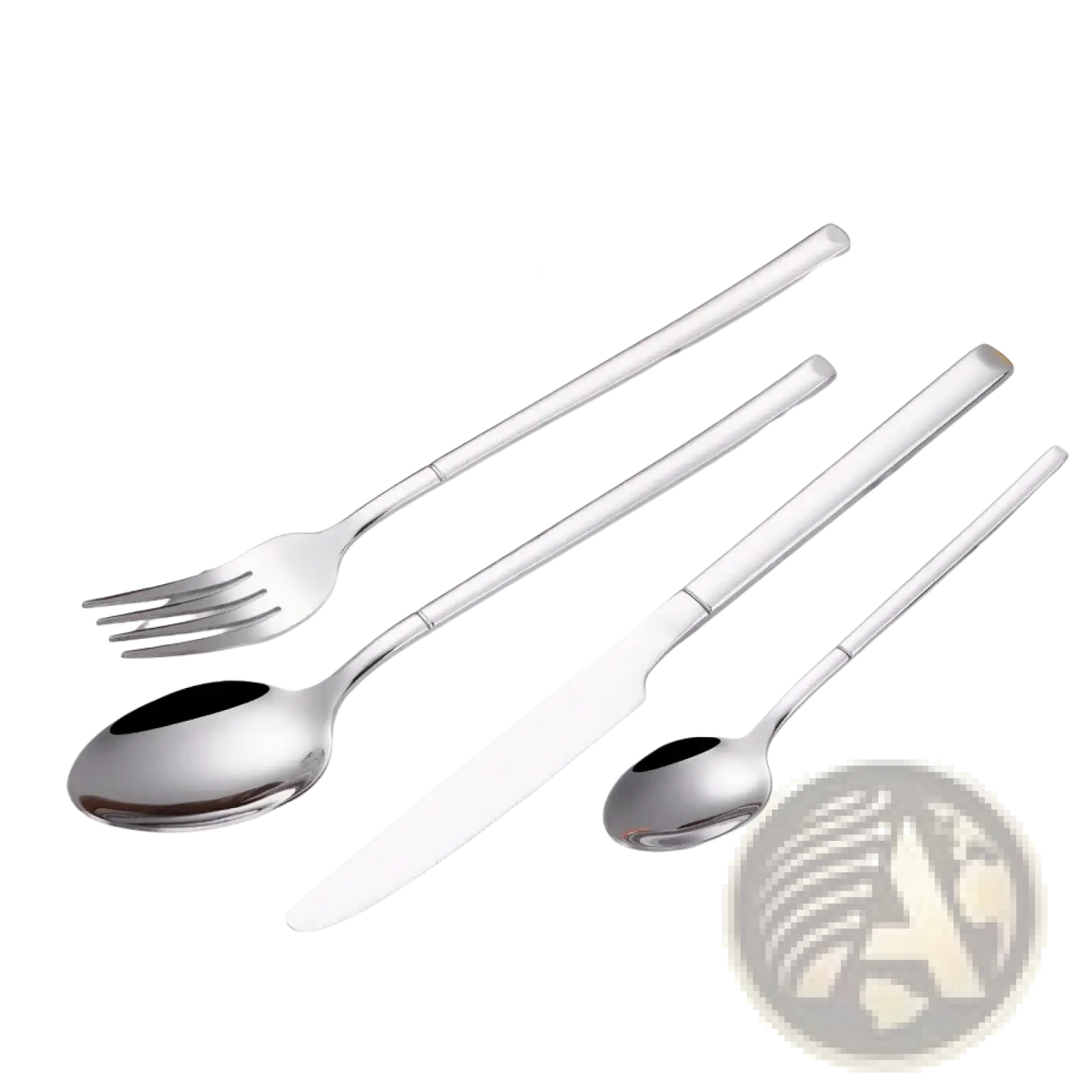 Set of four sleek stainless steel cutlery pieces with mirror finish including fork knife and two spoons