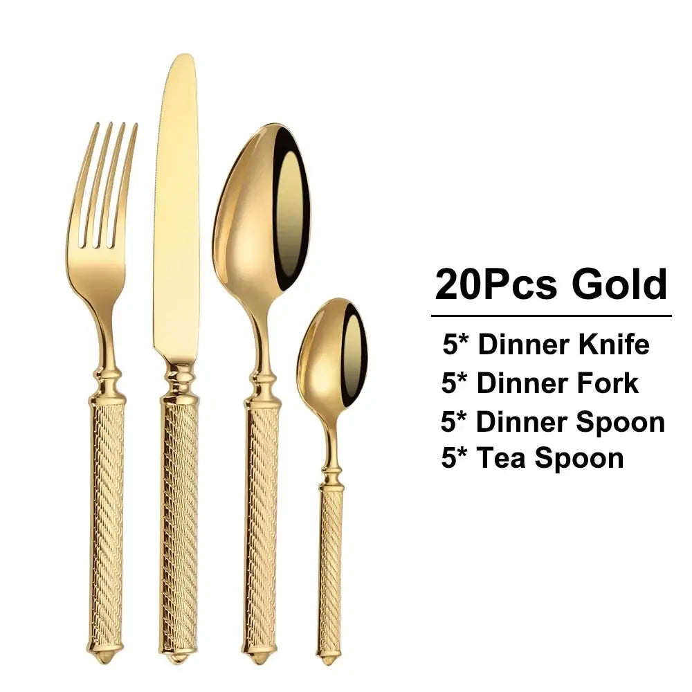 Gold finished stainless steel cutlery set with textured diamond pattern handles and polished mirror finish bowls