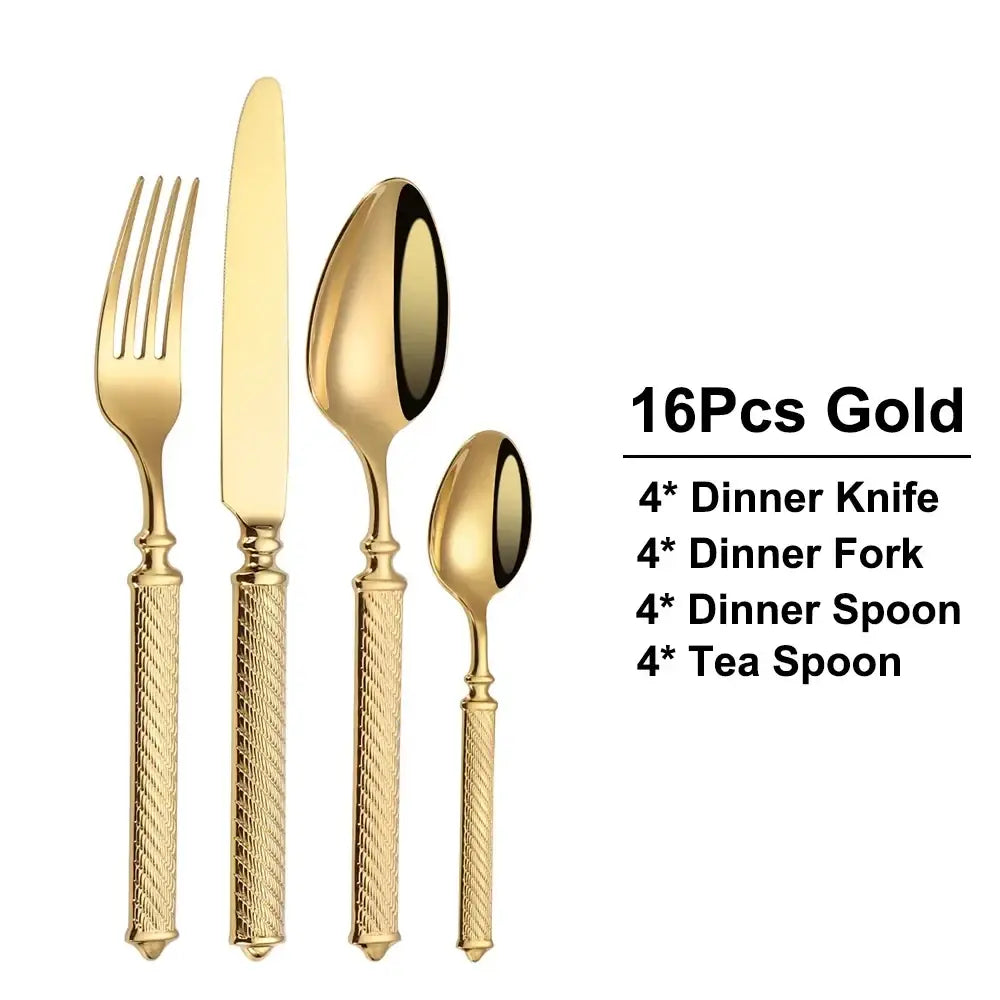Gold-finished stainless steel cutlery set with mirror finish and textured diamond-patterned handles