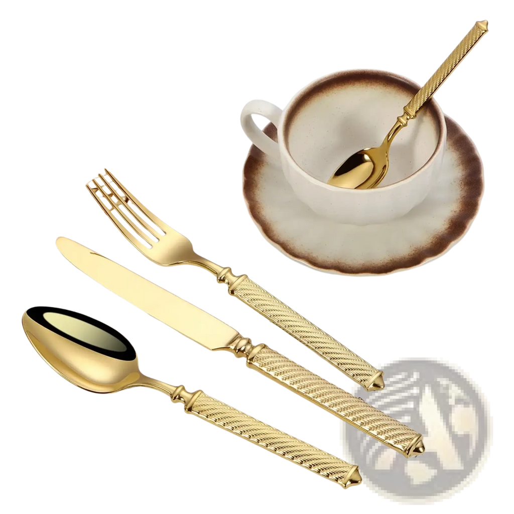 Gold-toned stainless steel cutlery set with mirror finish flatware featuring textured rope-like handles and ornate ends