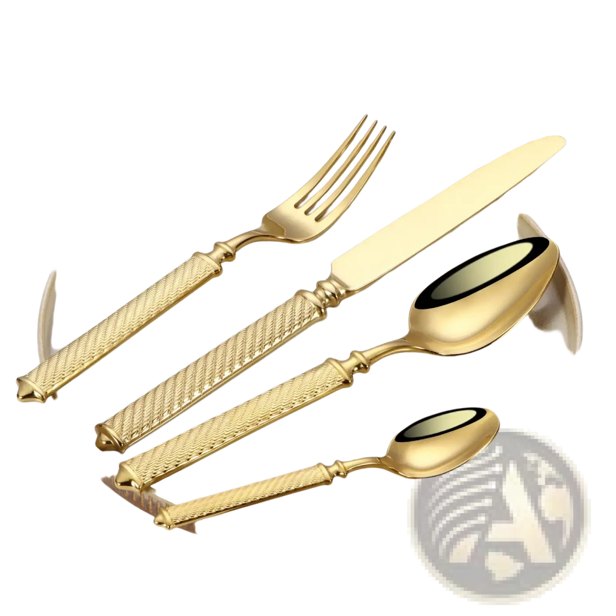 Gold-toned stainless steel cutlery set with textured diamond-patterned handles and polished mirror finish blades