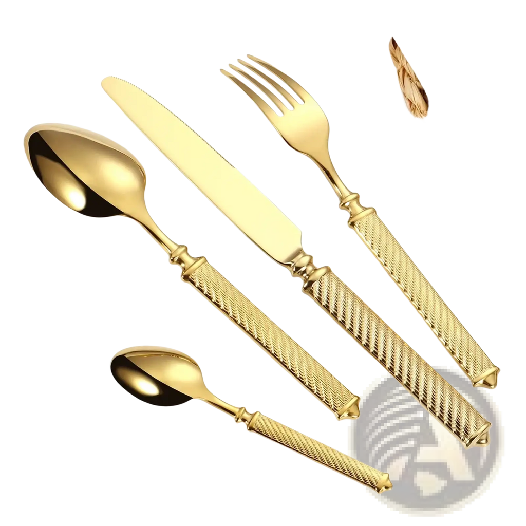 Golden stainless steel cutlery set with textured braided handles and polished mirror finish blades for elegant dining