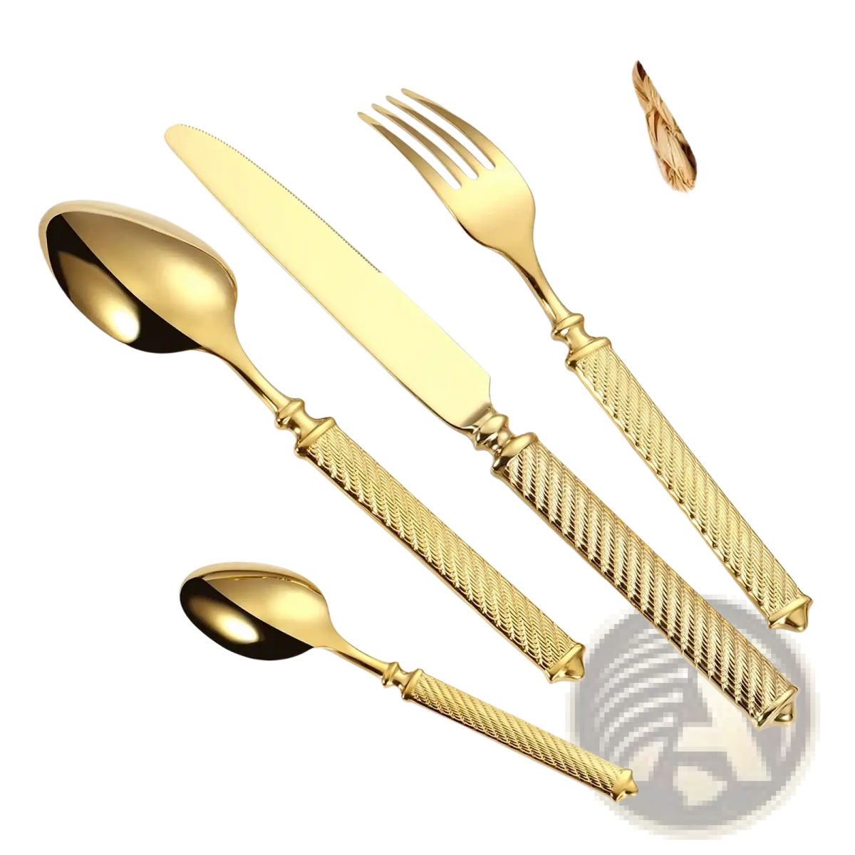 Golden stainless steel cutlery set with textured braided handles and polished mirror finish blades for elegant dining