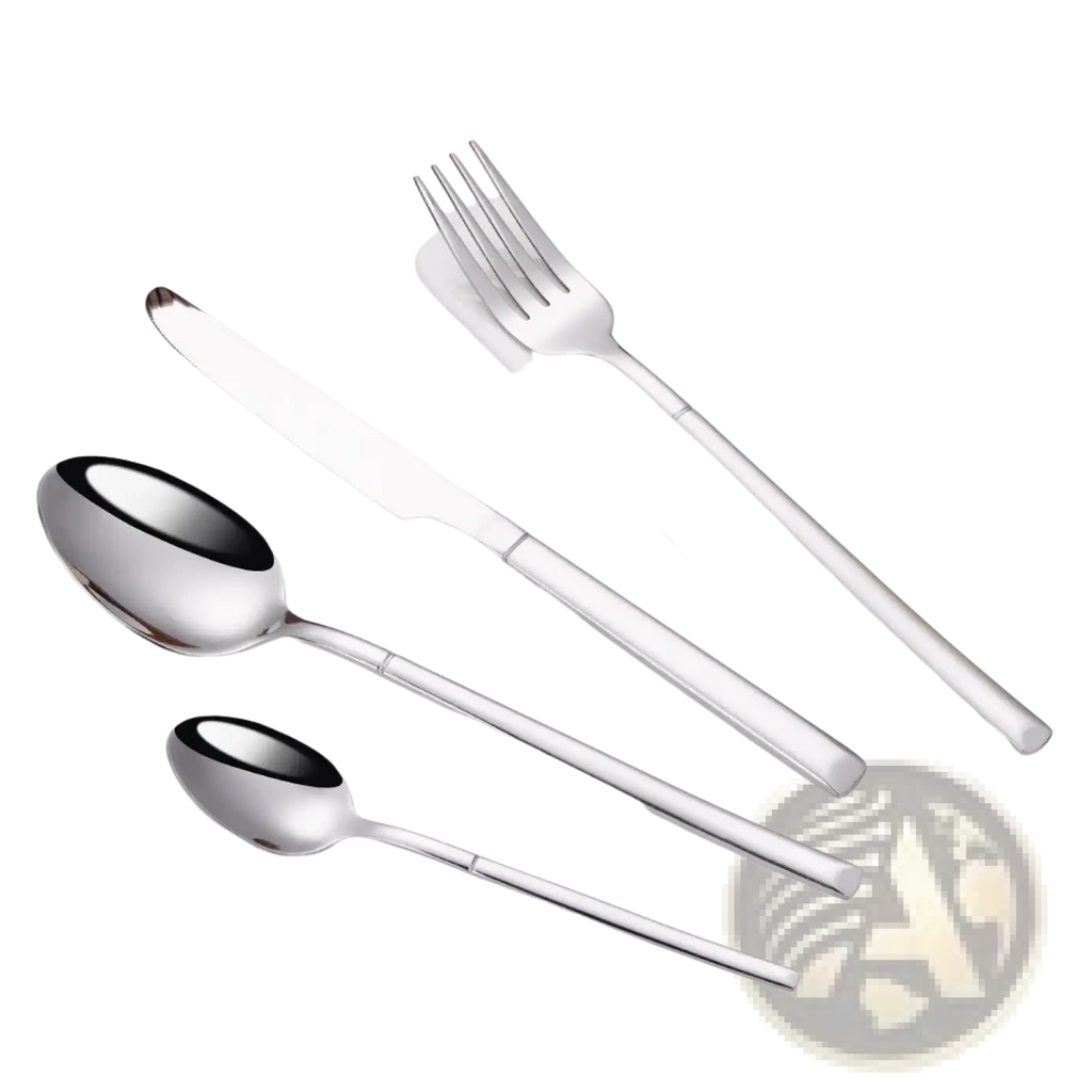 Stainless steel cutlery set with mirror finish featuring sleek modern design, long handles, and polished surfaces