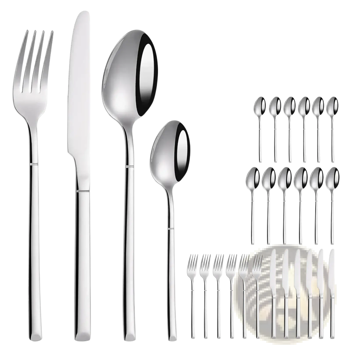 Shiny stainless steel 4 6-piece dinnerware set with polished handles and mirror finish for modern flatware use