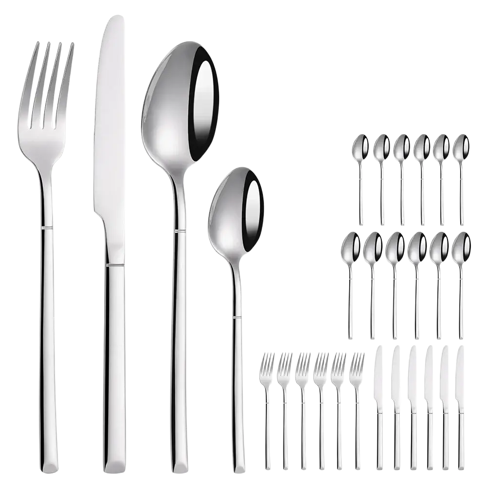 Shiny stainless steel 4 6-piece dinnerware set with polished handles and mirror finish for modern flatware use