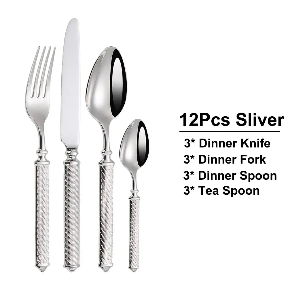 Shiny silver 12-piece stainless steel cutlery set with textured twisted handles and elegant classic mirror finish design
