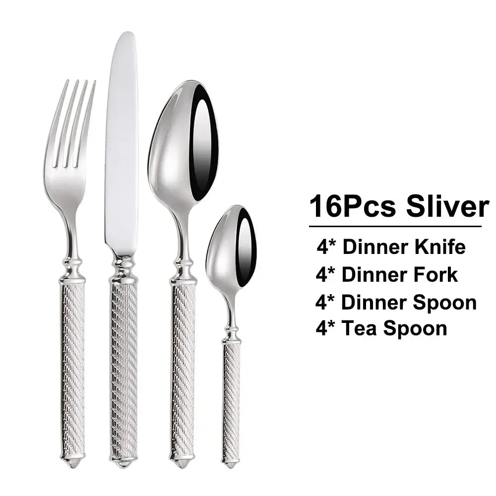 Shiny silver stainless steel cutlery set with mirror finish and textured diamond patterned handles 16 pieces