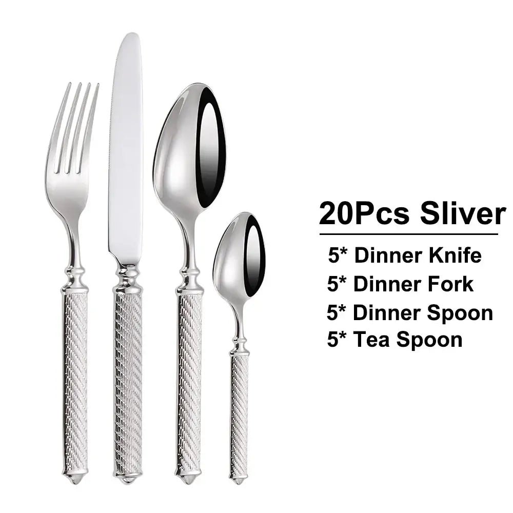 Silver stainless steel dinner knife with textured twisted handle and polished blade from mirror finish flatware set