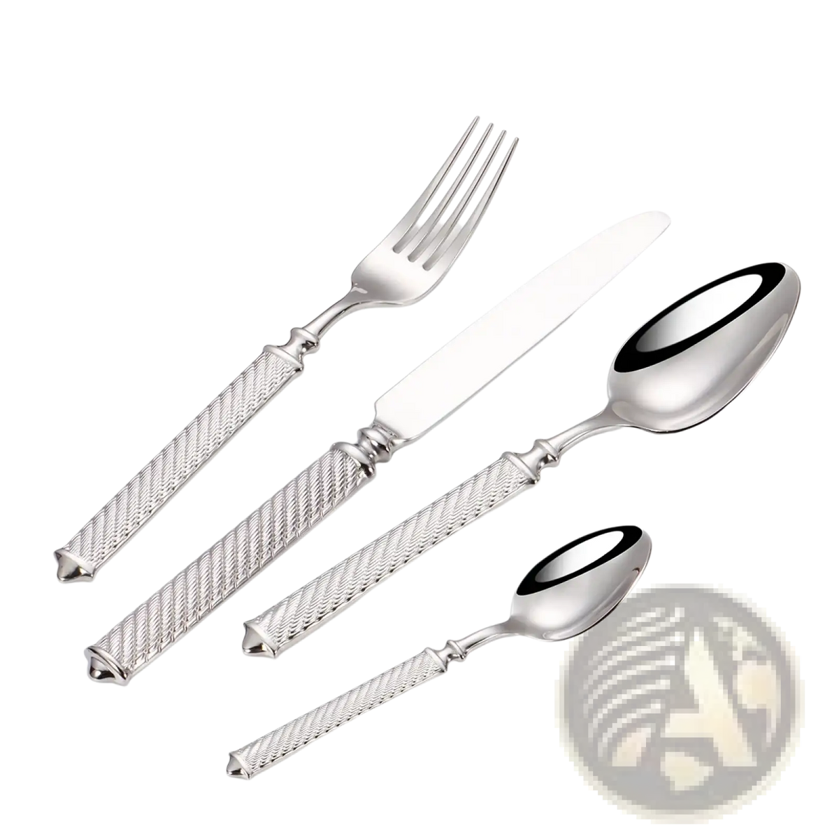 Silver-toned stainless steel cutlery set with mirror finish and textured diamond-patterned handles