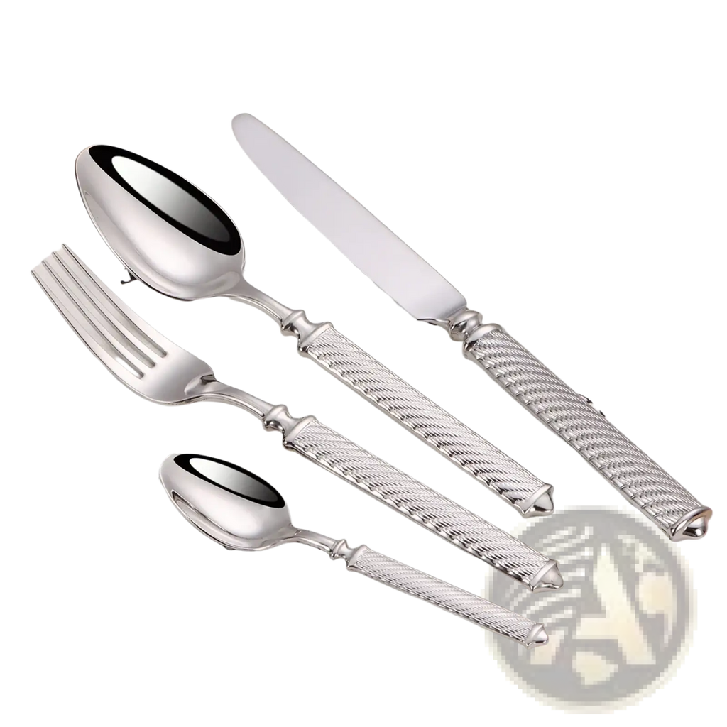Silver-toned stainless steel cutlery set with textured braided handles and polished mirror finish flatware