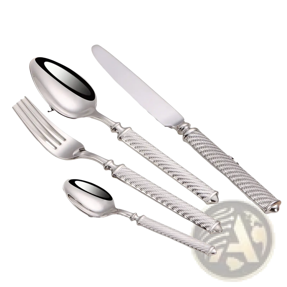 Silver-toned stainless steel cutlery set with textured braided handles and polished mirror finish flatware