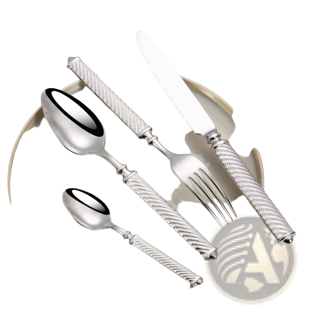 Silver-toned stainless steel cutlery set with mirror finish and textured twisted handles for elegant table settings