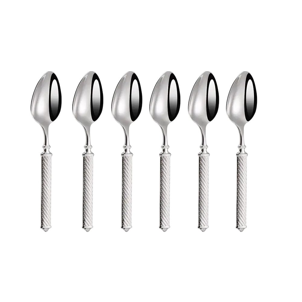 Six elegant silver stainless steel tea spoons with polished reflective bowls and textured twisted handles from flatware set