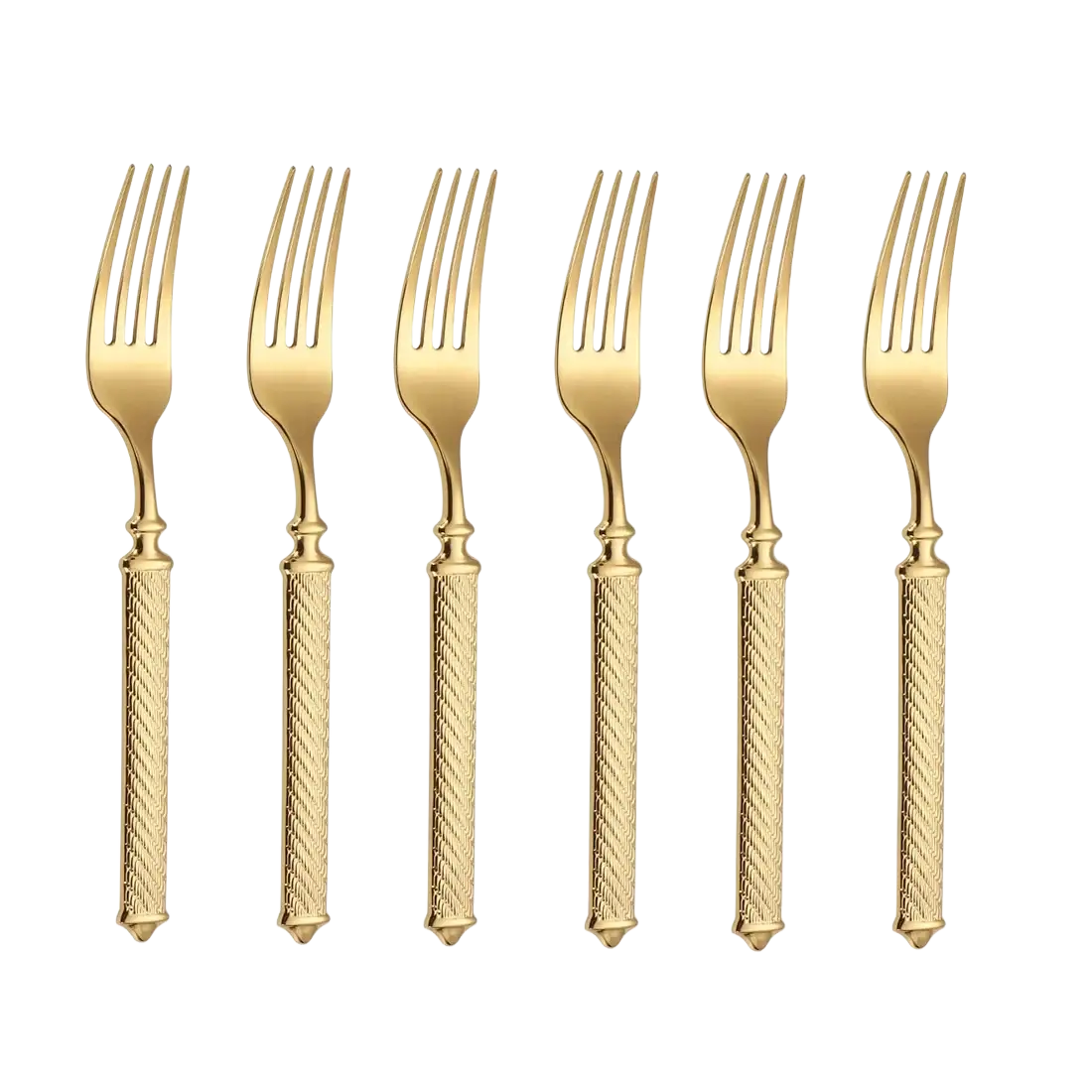 Set of six gold stainless steel dinner forks with twisted textured handles and polished mirror finish flatware