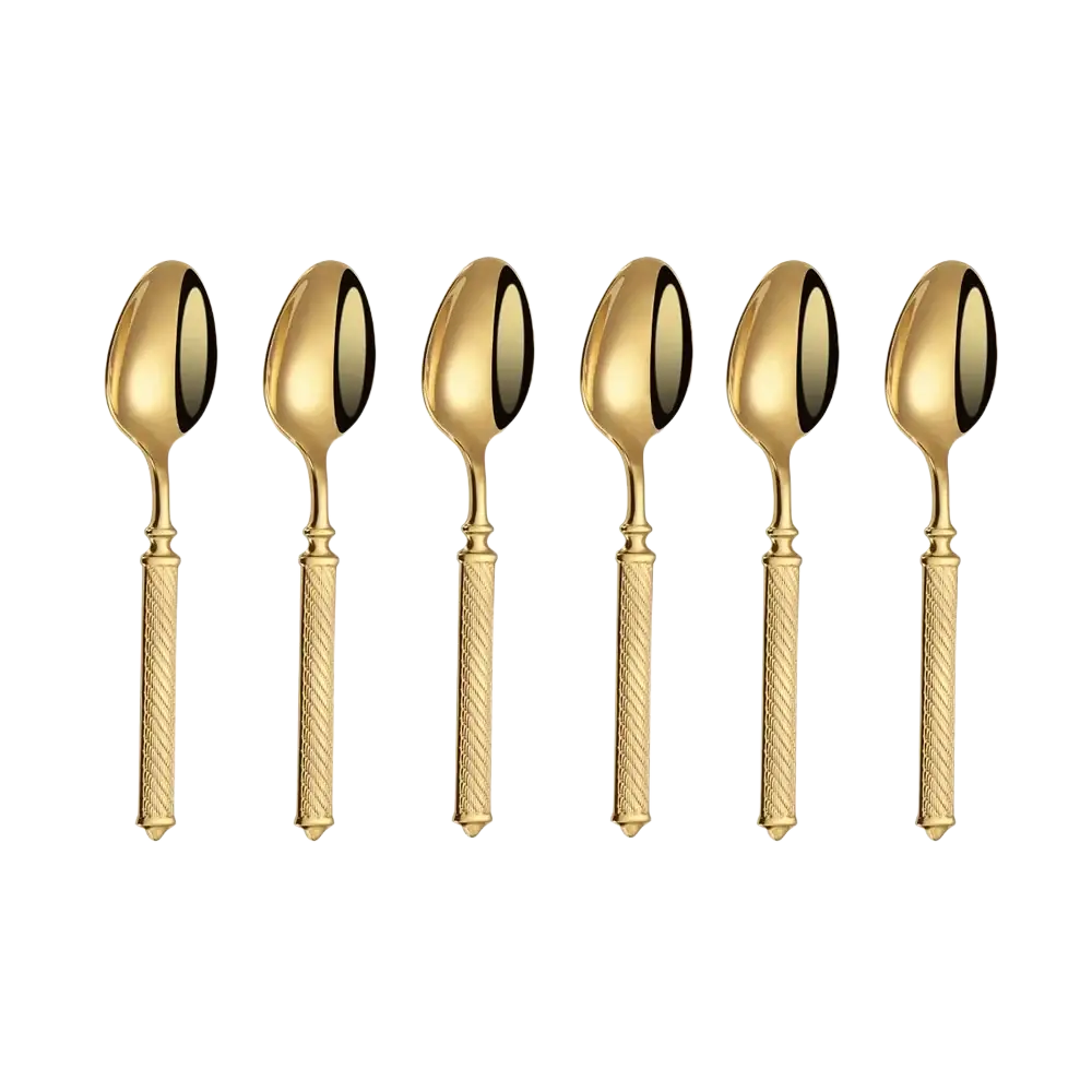 Set of six gold stainless steel tea spoons with textured diamond-patterned handles and mirror finish flatware