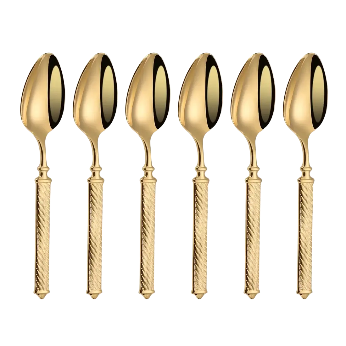 Set of six gold finished stainless steel dinner spoons with textured twisted handles and polished oval bowls