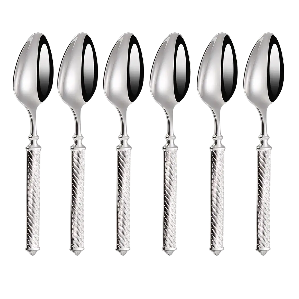 Set of six silver stainless steel dinner spoons with textured twisted handles and pointed tips mirror finish flatware