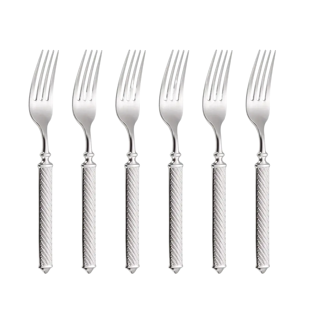 Set of six silver stainless steel dinner forks with mirror finish and textured diamond-patterned handles