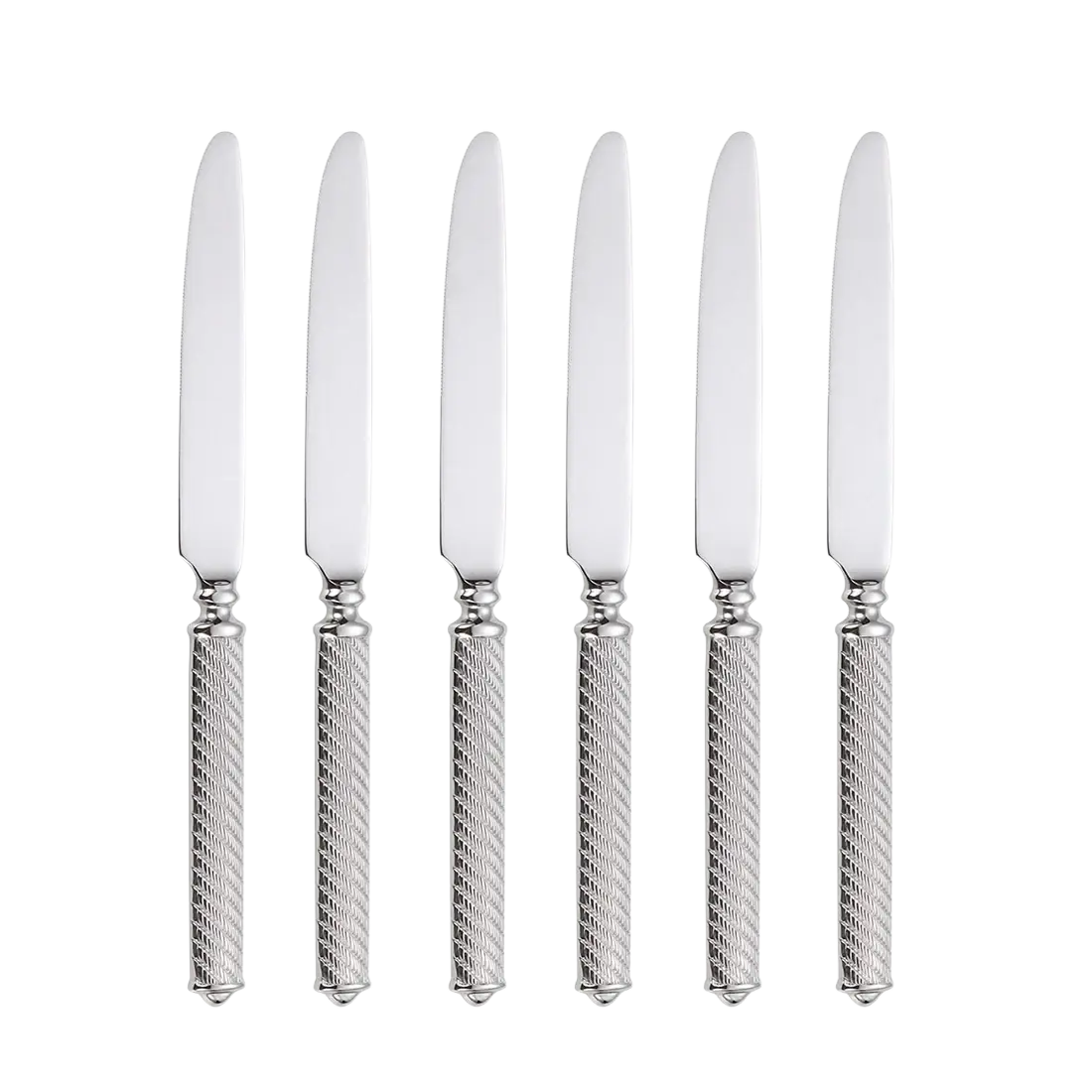 Set of six silver stainless steel dinner knives with textured twisted metal handles from mirror finish cutlery set