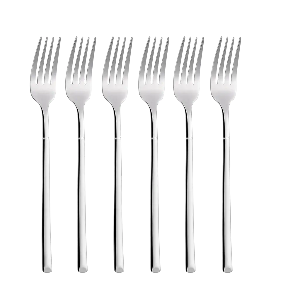 Set of six stainless steel dinner forks with modern design and polished mirror finish flatware for dining use