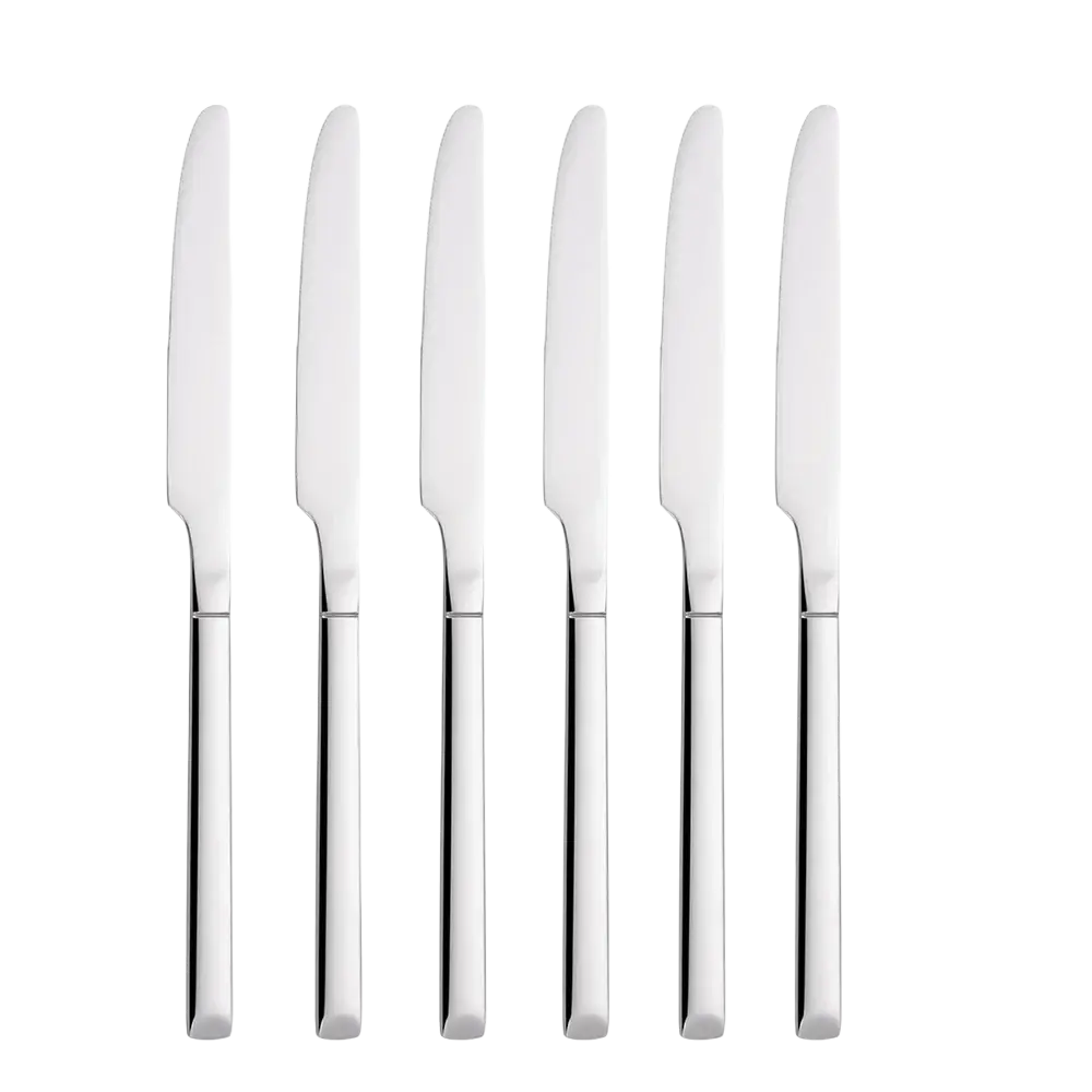 Set of six sleek stainless steel dinner knives with modern minimalist design in mirror finish flatware set