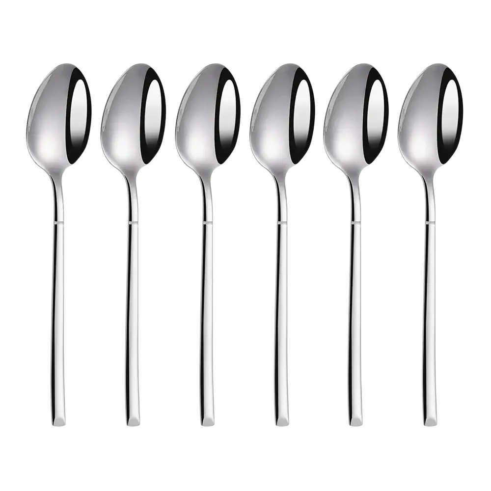 Set of six sleek stainless steel dinner spoons with polished mirror finish and black-rimmed bowls in cutlery set