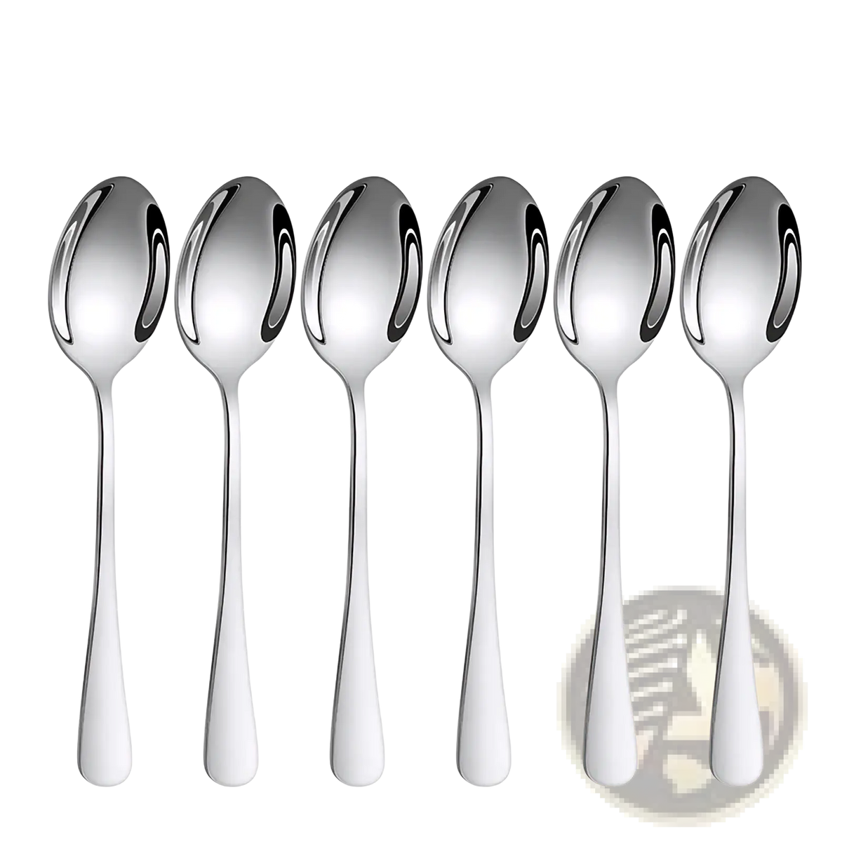 Set of six polished stainless steel teaspoons with sleek curved handles from modern flatware cutlery set