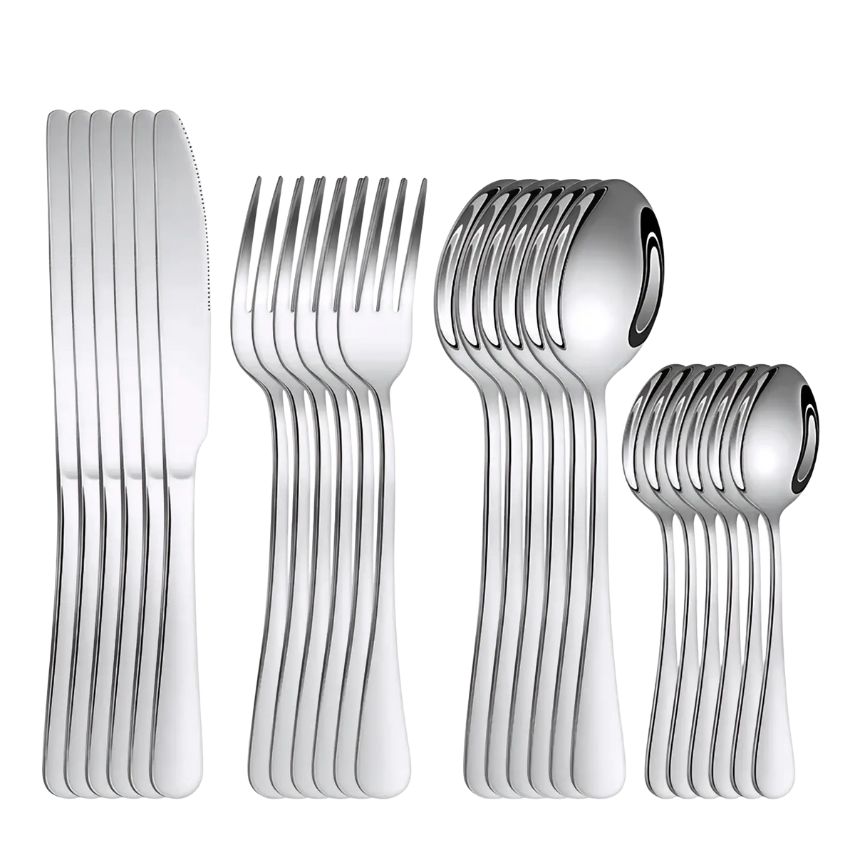 Stainless steel cutlery set modern flatware with 24 shiny pieces featuring sleek handles and polished reflective surfaces