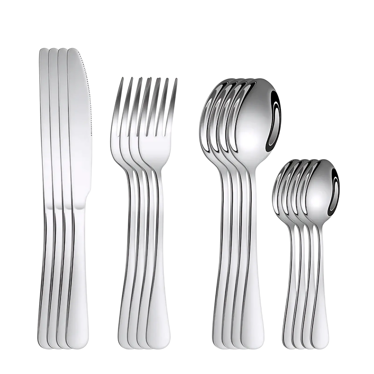 Shiny stainless steel 16-piece cutlery set with modern flatware featuring sleek handles and polished reflective surfaces