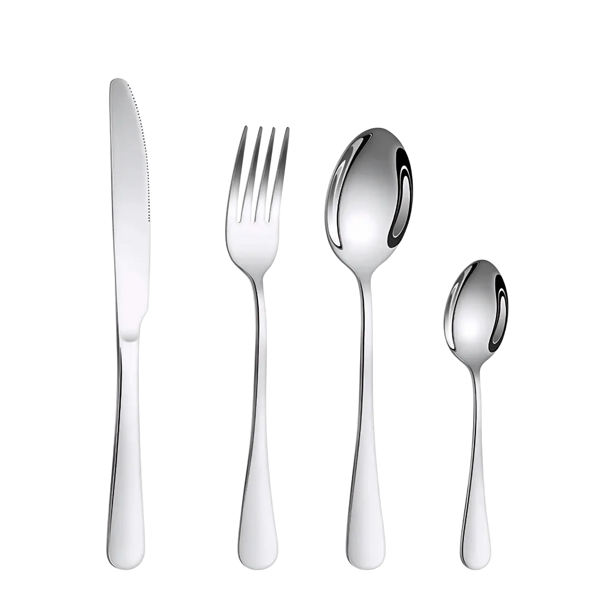 Shiny stainless steel cutlery set with knife fork and two spoons featuring sleek modern handles