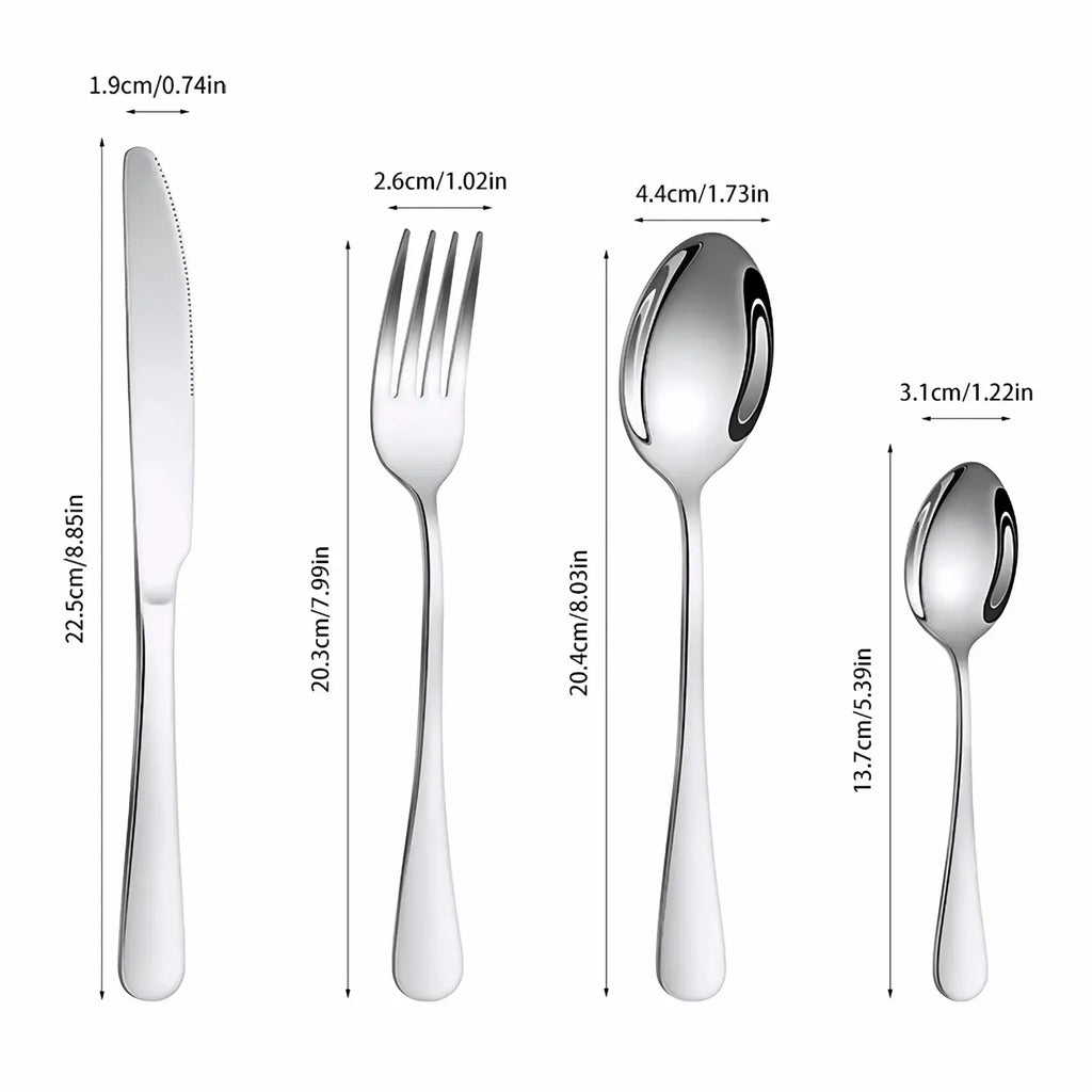 Shiny stainless steel cutlery set with knife fork and two spoons featuring sleek modern flatware design
