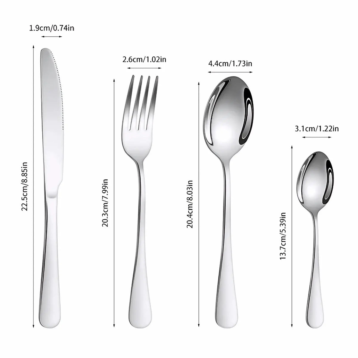 Shiny stainless steel cutlery set with knife fork and two spoons featuring sleek modern flatware design