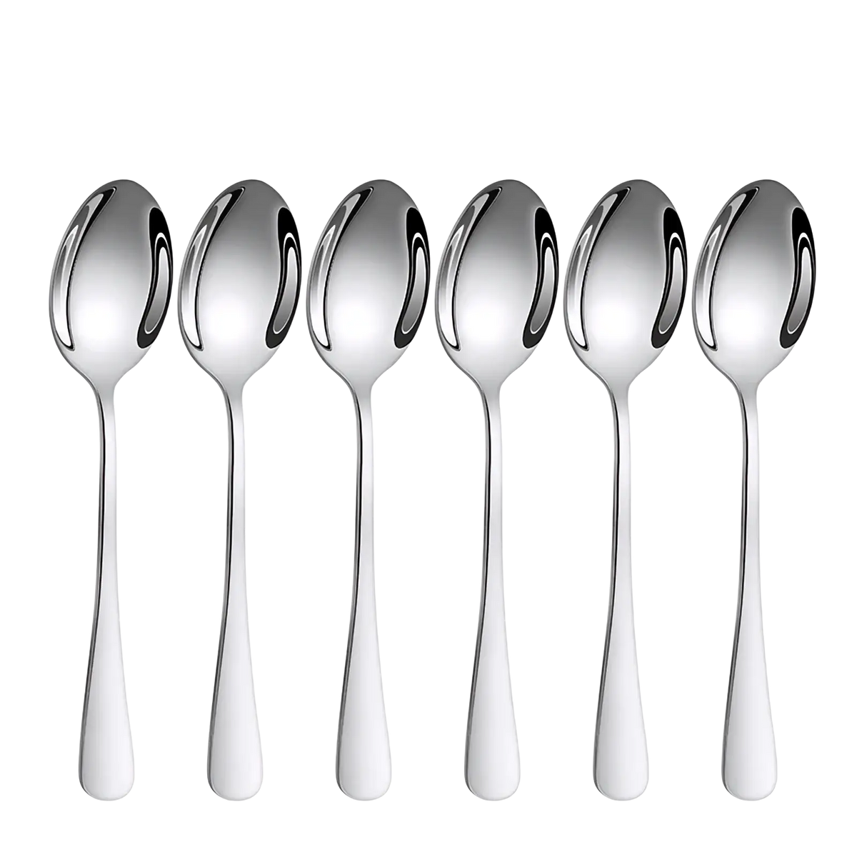 Set of six polished stainless steel teaspoons with sleek curved handles from modern flatware cutlery set
