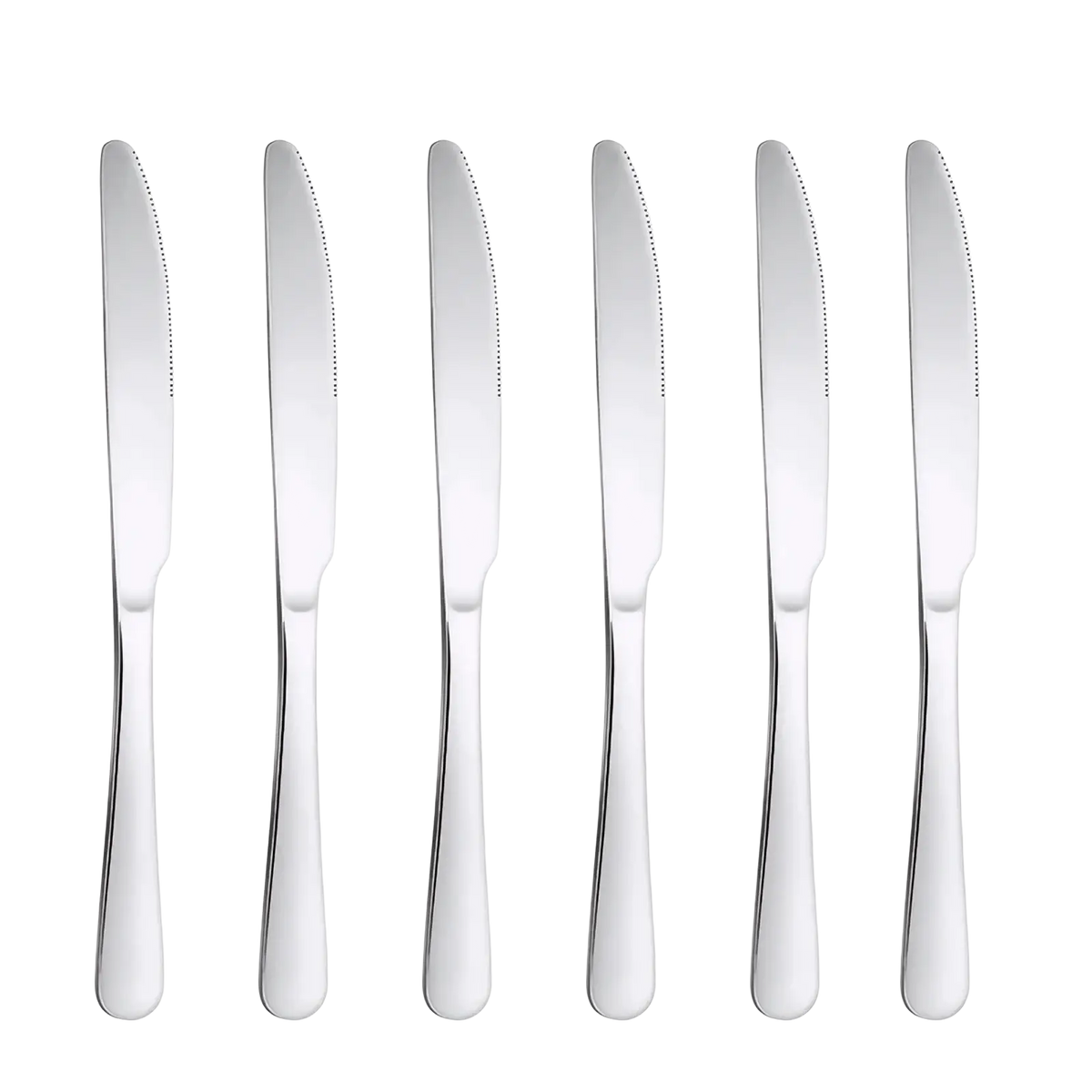 Set of six stainless steel dinner knives with polished blades and ergonomic handles from modern flatware set