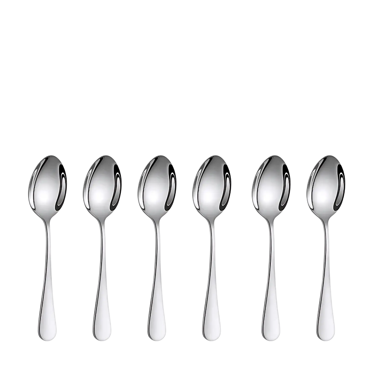 Set of six sleek polished stainless steel teaspoons with curved handles from modern flatware cutlery set
