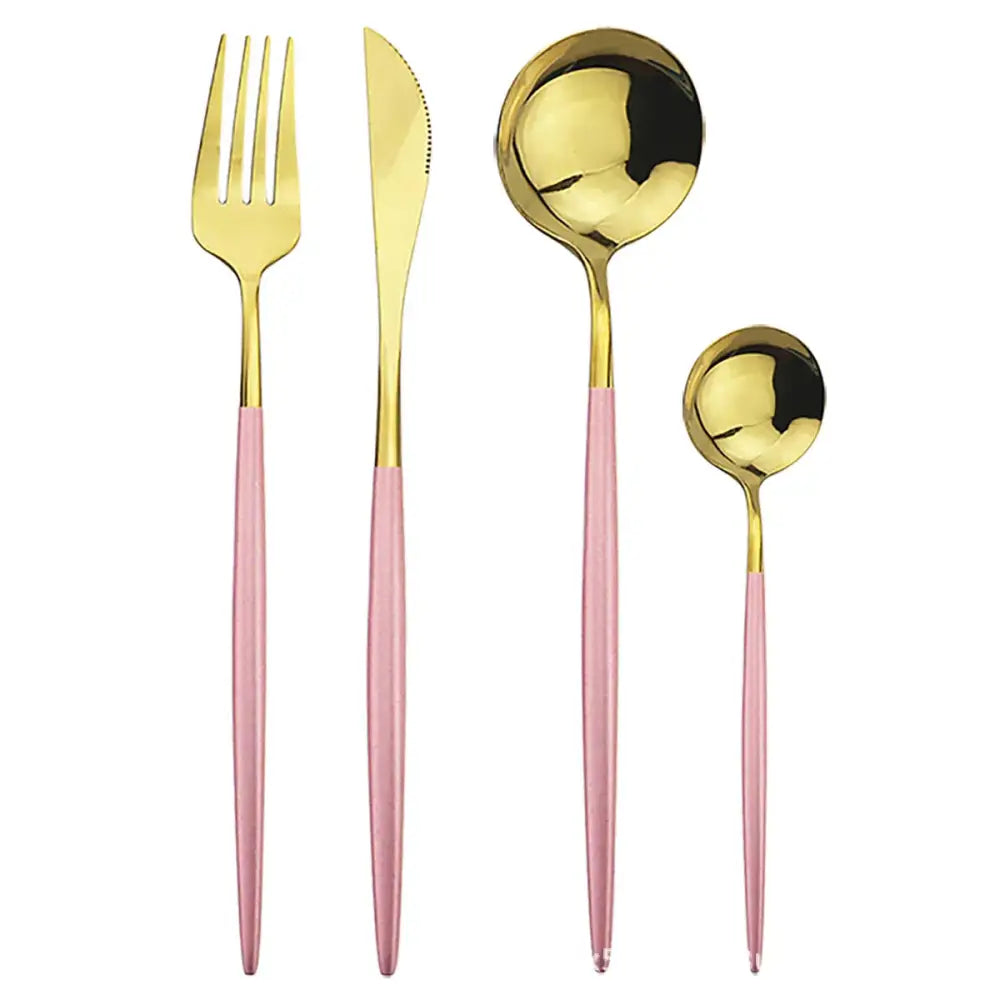 Modern gold polished stainless steel flatware set with gold cutlery and pink handles including fork knife and spoons