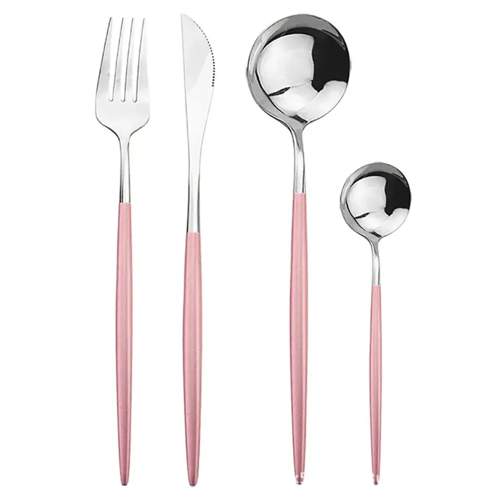 A modern gold polished stainless steel flatware set with sleek silver heads and matte pink handles including fork knife and spoons