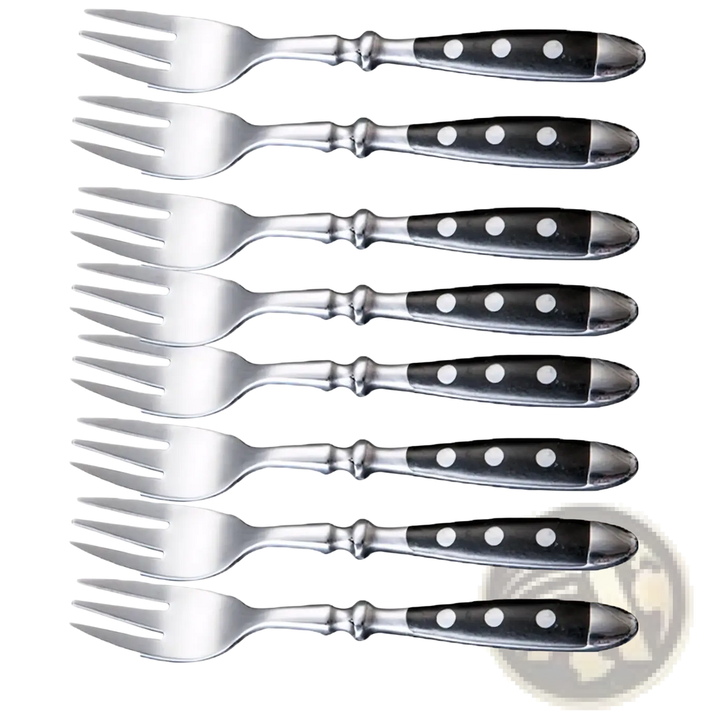 Set of eight stainless steel forks with black handles featuring white dot accents in polka dot flatware design