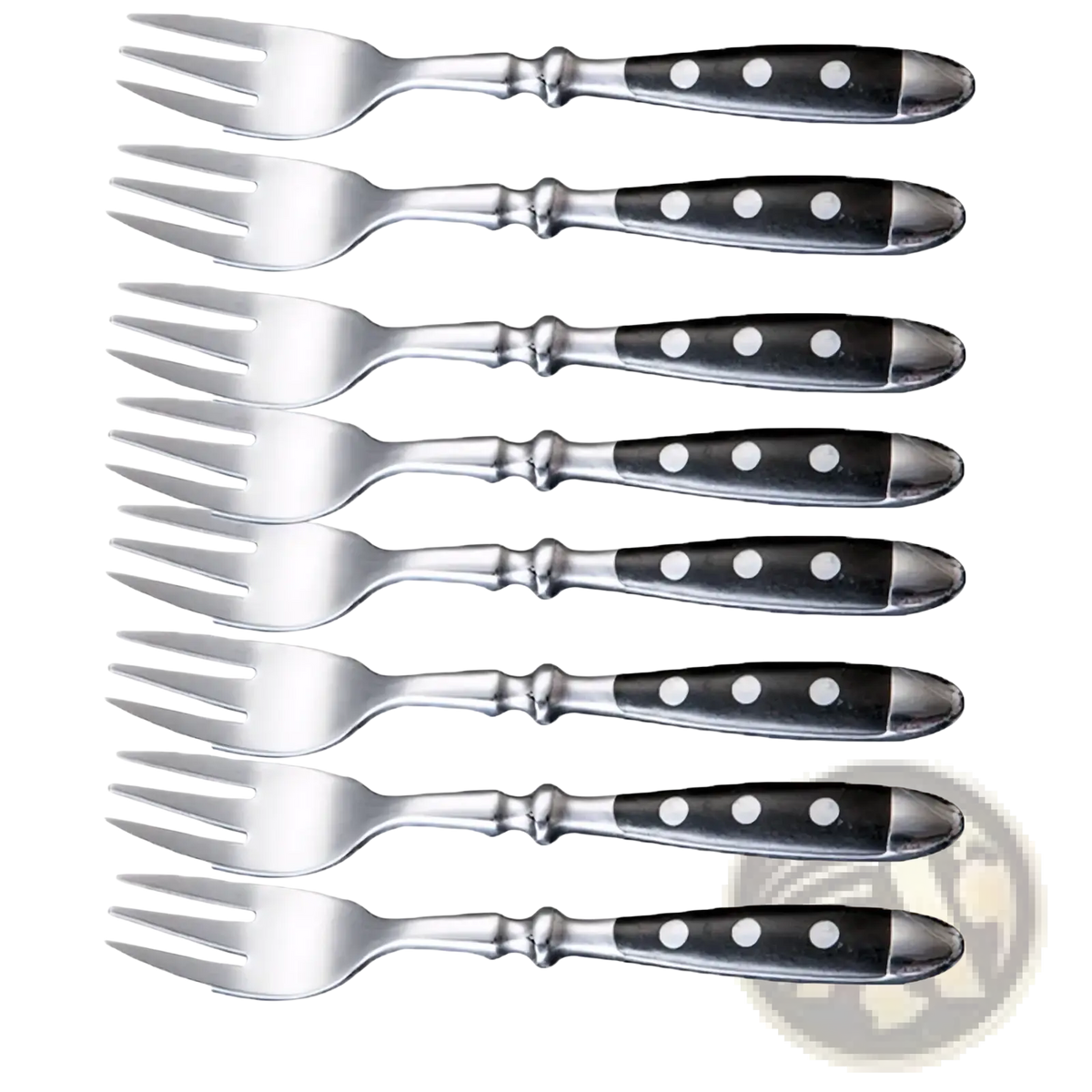 Set of eight stainless steel forks with black handles featuring white dot accents in polka dot flatware design